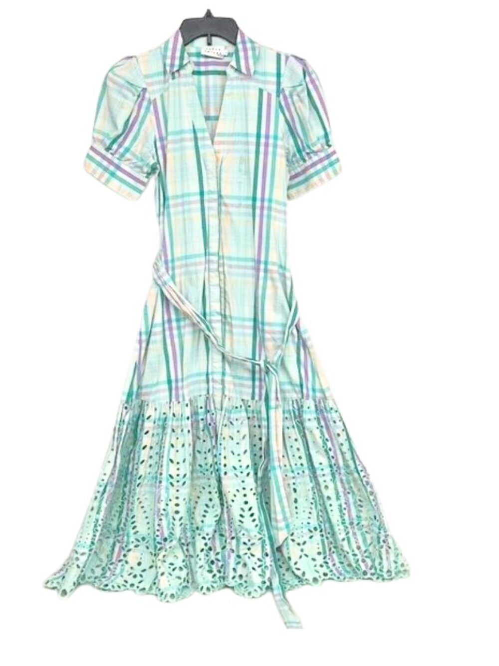 Tanya Taylor Plaid Print Midi Length Dress w Eyelet Lace Detail. Size 8. - Picture 3 of 6